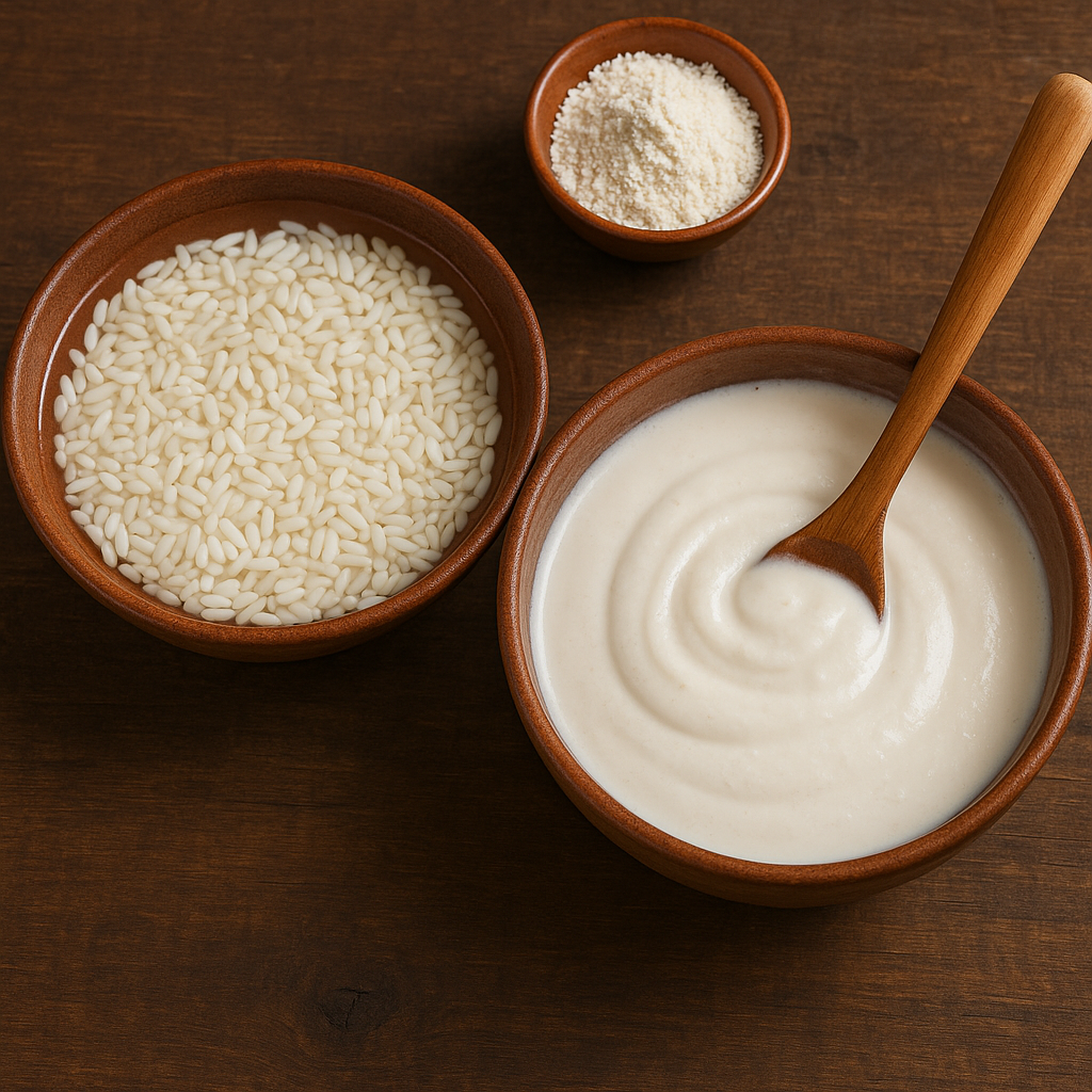 Soaked rice, rice flour, and smooth batter preparation for Patoleo: Goan Tradition Wali Turmeric Mithai (Patoli).