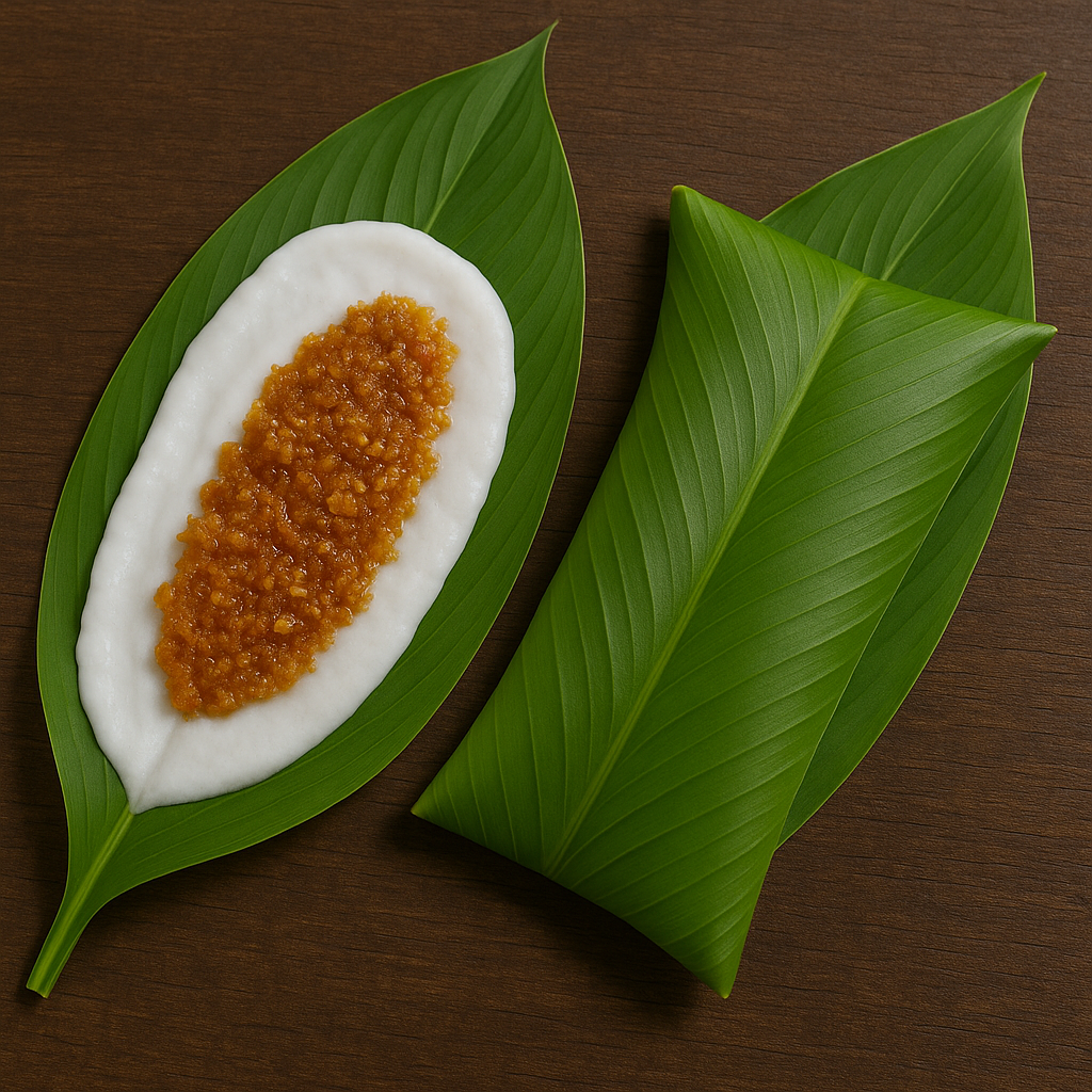 Turmeric leaf topped with coconut-jaggery stuffing and a folded Patoleo: Goan Tradition Wali Turmeric Mithai (Patoli).