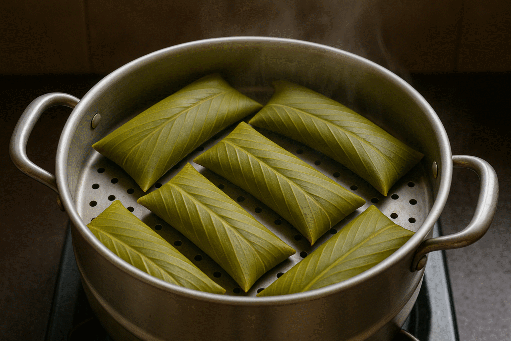 Folded Patoleo steaming inside a stainless steel steamer for Patoleo: Goan Tradition Wali Turmeric Mithai (Patoli).