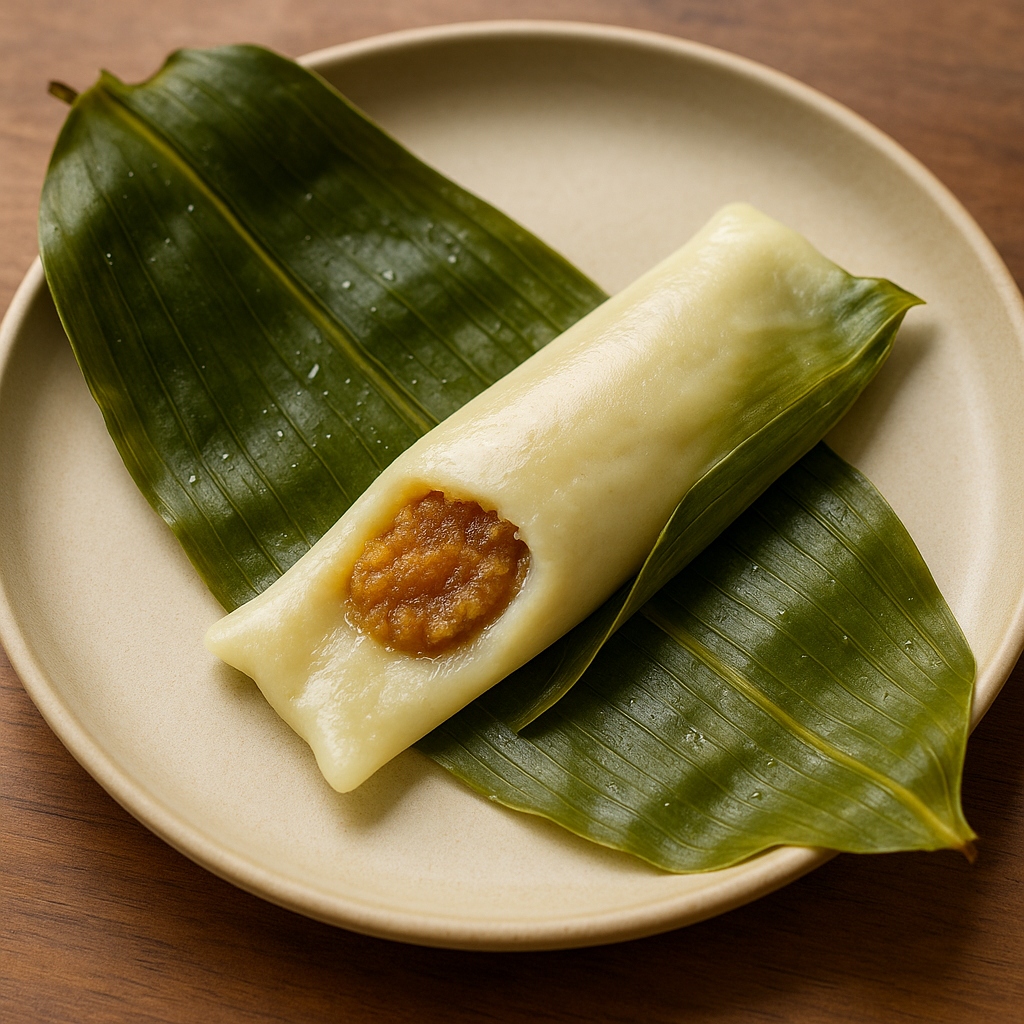 Steamed Patoleo unwrapped from turmeric leaf showing rice layer and coconut filling—Goan Tradition Wali Turmeric Mithai (Patoli).